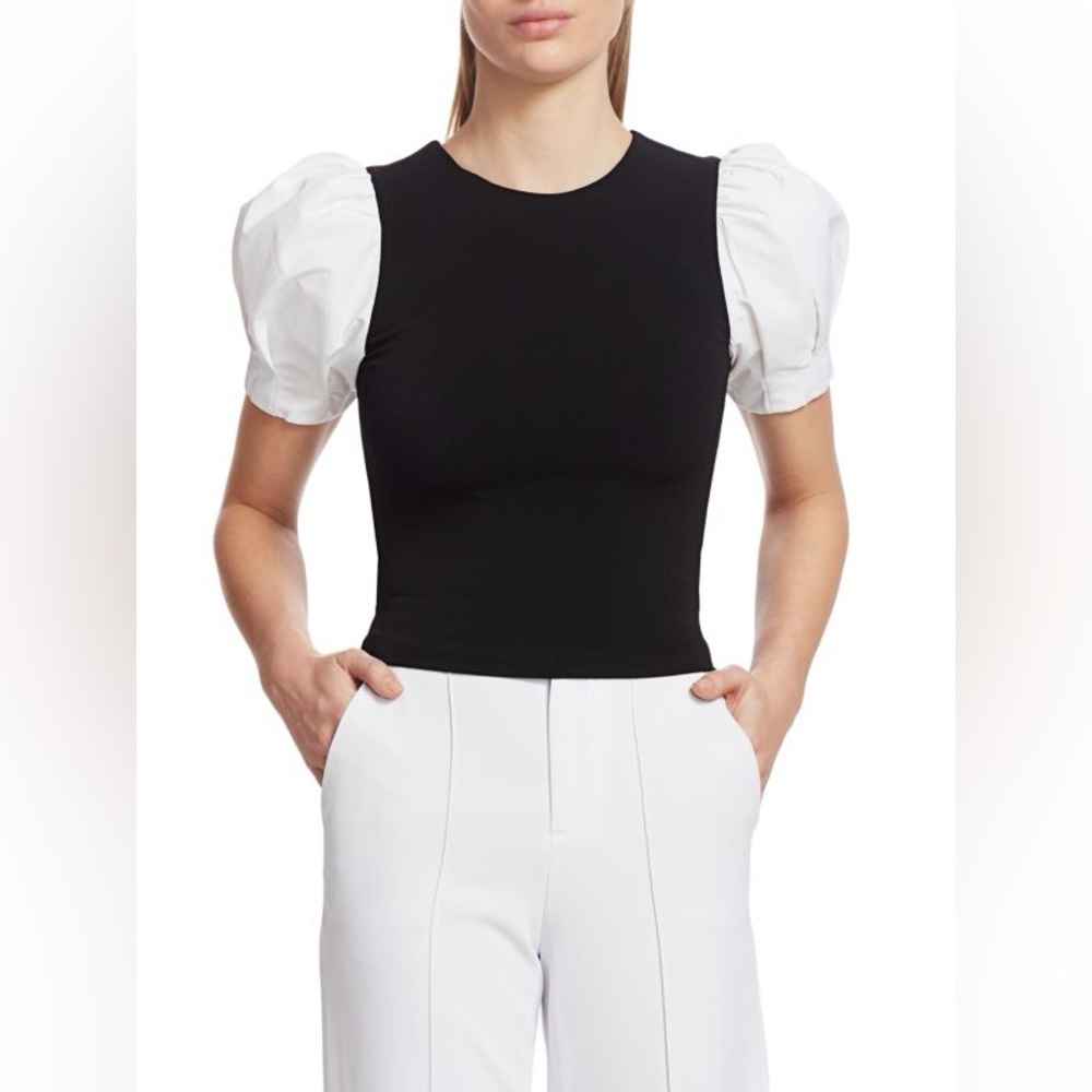 Alice + Olivia Black Bodice White Puff Sleeve Contrast Top